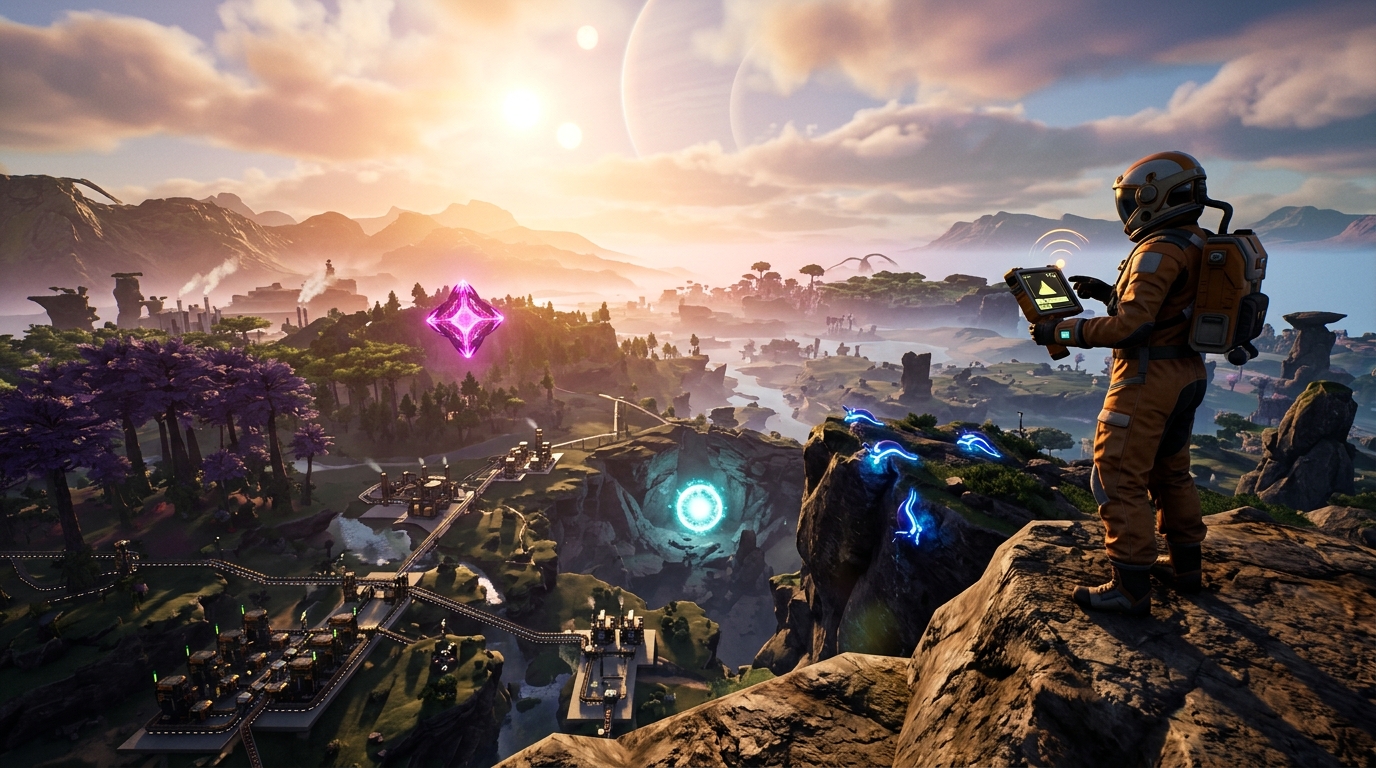Pioneer Exploring Glowing Alien Collectibles at Sunrise in Satisfactory