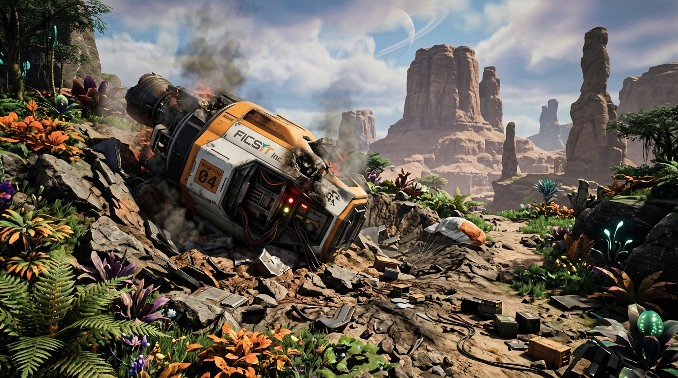 Crashed FICSIT Drop Pod in Alien Landscape