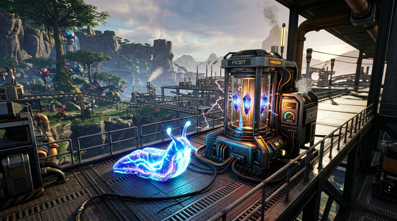 Overclocked Industrial Machine with Glowing Power Shards in Satisfactory
